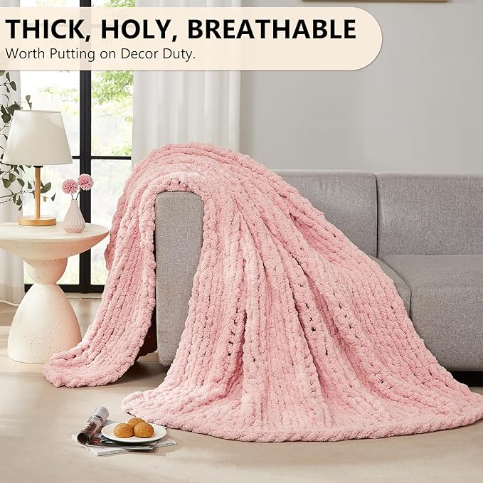 L'AGRATY Chunky Knit Blanket Throw - Soft Chenille Yarn Throw Blanket 50x60: Handmade Thick Cable Knit Crochet Blanket - Large Knit Blanket Chunky Rope Knot Throw Blanket for Couch Sofa Bed Home Decor