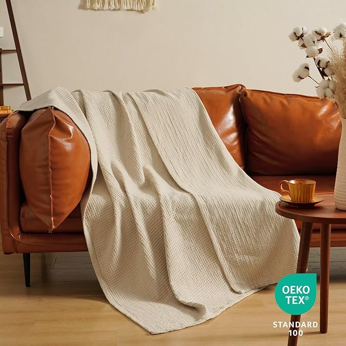 PHF 100% Cotton Waffle Muslin Blanket Twin Size, 66" x 90" Lightweight and Breathable Washed Cotton Blanket, Aesthetic Soft Muslin Waffle Bedding for Sofa Bed Home Decor, Oak