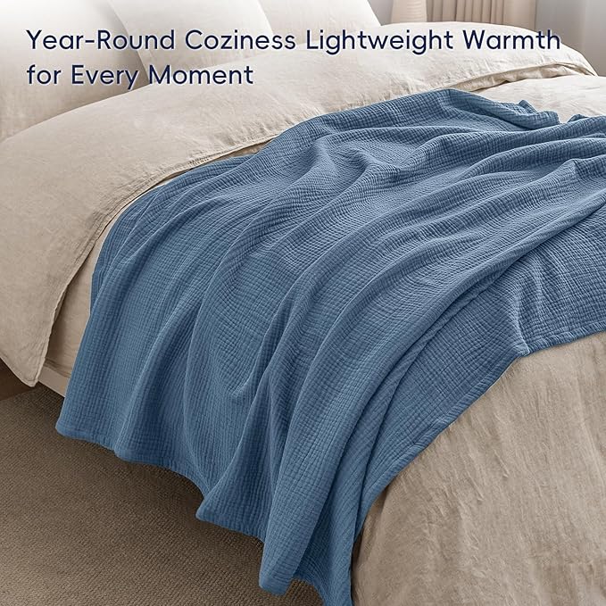 PHF 100% Cotton Muslin Throw Blanket Large 50" x 70", 4-Layer Lightweight and Breathable for Summer, Luxuriously Soft Gauze Throws for Couch, Natural Minimalism Style, Ideal Gift, Captain's Blue