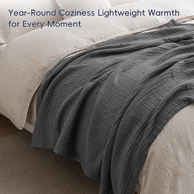 PHF 100% Cotton Muslin Throw Blanket 50" x 60", 4-Layer Lightweight and Breathable Blanket for Summer, Luxuriously Soft Gauze Throws for Couch, Natural Minimalism Style, Ideal Gift, Greyish Black