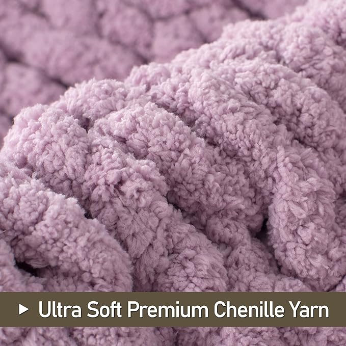 Chunky Knit Throw Blanket 50"X 60", 100% Handmade with Soft Chenille Yarn, 4.4lbs Thick Cable Knitted Blankets, Large Rope Knot Crochet Throws for Couch Sofa Bed Home Decor, Purple