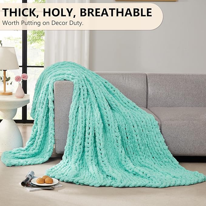 L'AGRATY Chunky Knit Blanket Throw: 60''x80'' Chenille Chunky Knitted Throw Blanket for Bed Couch - Handmade Thick Big Cable Knit Blanket - Large Crochet Rope Blanket for Home Decor(Lake Blue)
