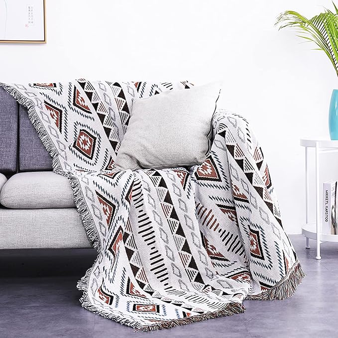 Luxlovery Bohemian Sofa Throw Blankets Ethnic Woven Boho Geometric White and Khaki Throw Blanket for Couch Aztec Bed Throws Oversized Chair Sofa Cover with Tassels(51"x63")