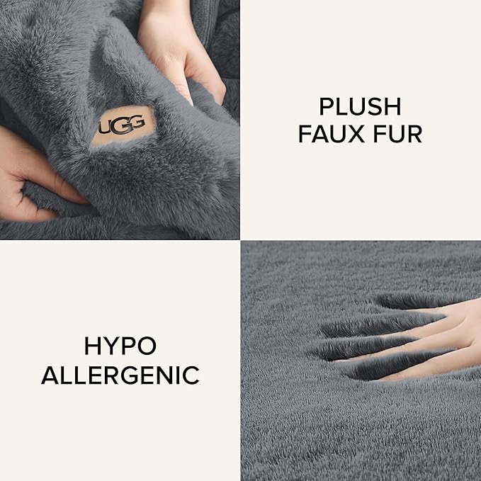 UGG Euphoria Plush Faux Fur Throw Blanket Medium Weight Reversible Luxury Soft Throw for Couch Bed or Chair Hypoallergenic Machine Washable Home Decor Blanket, 50-inch x 70-inch, Chambray Blue Grey