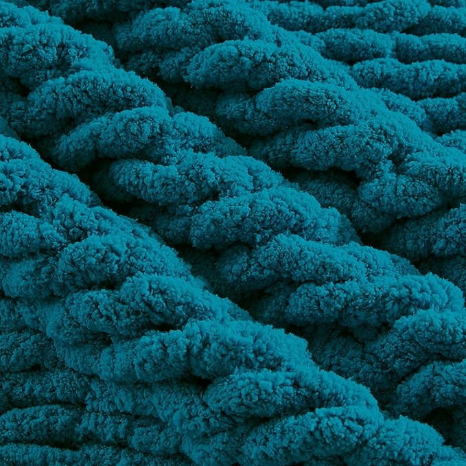 Carriediosa Chunky Knit Throw Blanket 60" X 80" Twin, 100% Hand Made Large Chenille Loop Yarn Soft Fluffy Throws for Couch Sofa Bed, Big Crochet Cozy Heavy Thick Cable Woven Blankets, Teal