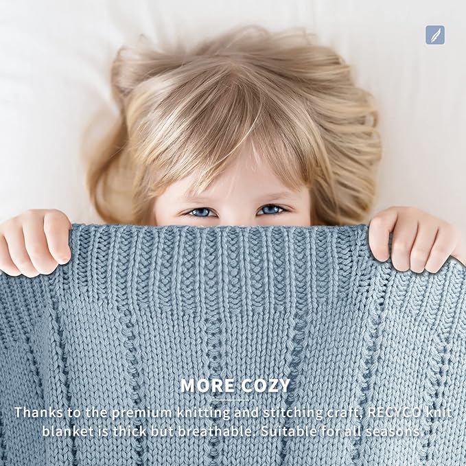 RECYCO Cable Knit Blue Throw Blanket Twin Size for Couch, Super Soft Warm Cozy Decorative Knitted Throw Blanket 3.6LB for Bed, Sofa, Chair Large 60"x80"