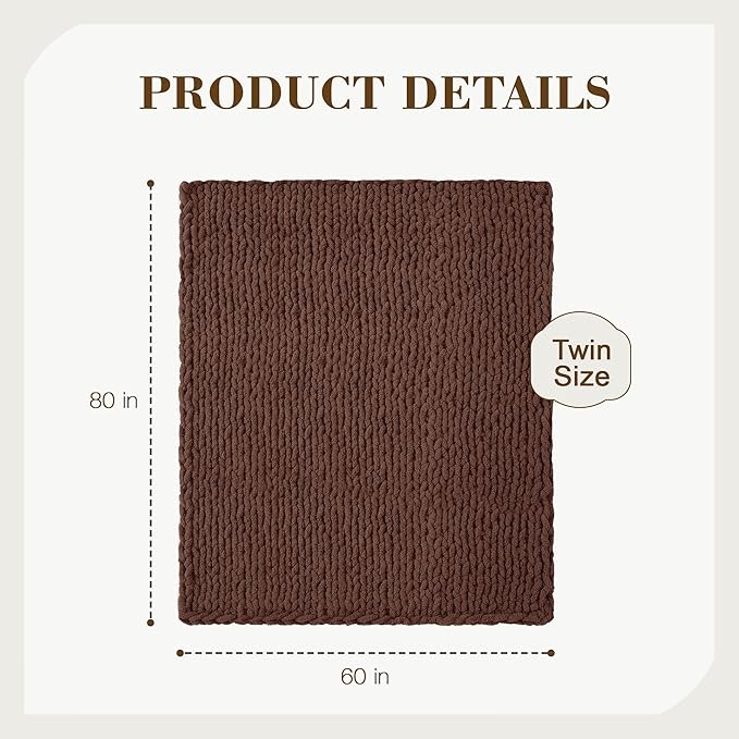 Carriediosa Chunky Knit Throw Blanket 60" X 80" Twin, 100% Hand Made Large Chenille Loop Yarn Soft Fluffy Throws for Couch Sofa Bed, Big Crochet Cozy Heavy Thick Cable Woven Blanket, Cocoa Brown