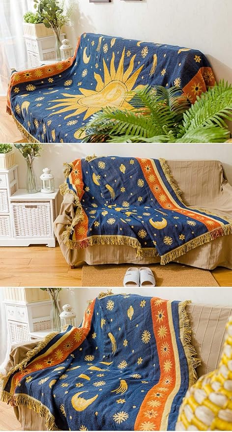 Erke Moon and Sun Throw Blanket Celestial Chair Recliner Cover Bed Spread Hippie Room Decor, Double Sided Cotton Woven Sofa Couch Furniture Aesthetic Witchy Throws - 50" X 70", Yellow/Blue