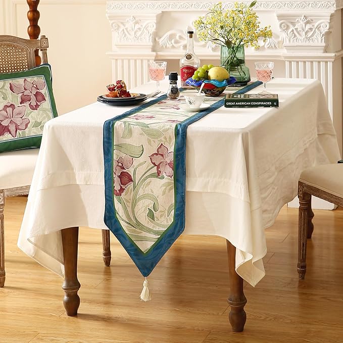 patdrea Designer Elegant Bright Linen Table Runner 102 Inch Long, Mauve Iris Floral Pattern Table Mat, Decoration for Kitchen Dining Table Coffee Table Shelf Cabinet Banquet Christmas ,12"*102"