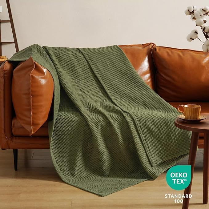 PHF 100% Cotton Waffle Muslin Blanket Twin Size, 66" x 90" Lightweight and Breathable Washed Cotton Blanket, Aesthetic Soft Muslin Waffle Bedding for Sofa Bed Home Decor, Olive Green