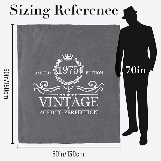 50th Birthday Gifts for Her Him, 50th Birthday Blanket for Women Men, Happy 50 Year Old 1975 Birthday Gift Throw Blanket Gray 50"X60", Gift for Turning 50 Birthday Woman Decorations