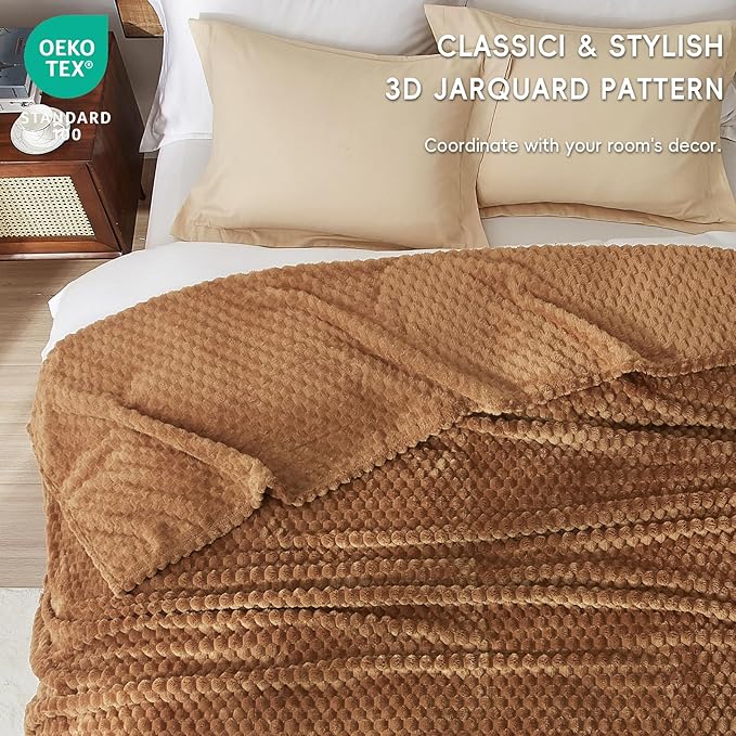 PHF Ultra Soft Flannel Fleece Blanket Queen Size, Lightweight 3D Jacquard Fleece Blanket, No Shedding, No Pilling, Luxury 340GSM Aesthetic Fluffy Cozy for Bed Room Decor, 90"x90", Terracotta