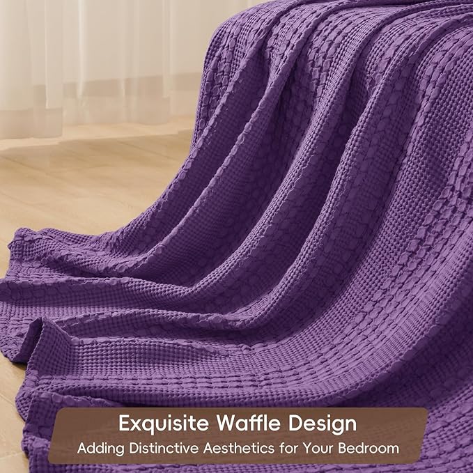 PHF 100% Cotton Waffle Weave Blanket Queen Size, Soft Lightweight Breathable Cozy Summer Blankets for Bed, Luxury Aesthetic Woven Bedding for Home Decor, 90"x90", Grape Purple