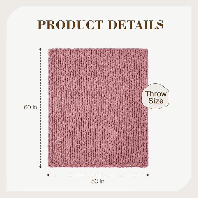 Carriediosa Chunky Knit Throw Blanket 50" X 60", 100% Hand Made Large Chenille Loop Yarn Soft Fluffy Throws for Couch Sofa Bed, Big Crochet Cozy Heavy Thick Cable Woven Blanket, Mauve
