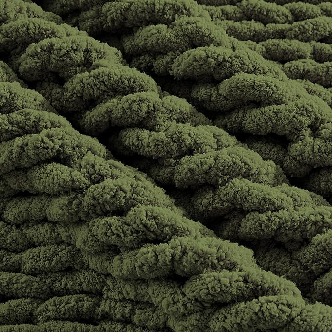Carriediosa Chunky Knit Throw Blanket 60" X 80" Twin, 100% Hand Made Large Chenille Loop Yarn Soft Fluffy Throws for Couch Sofa Bed, Big Crochet Cozy Heavy Thick Cable Woven Blankets, Olive Green