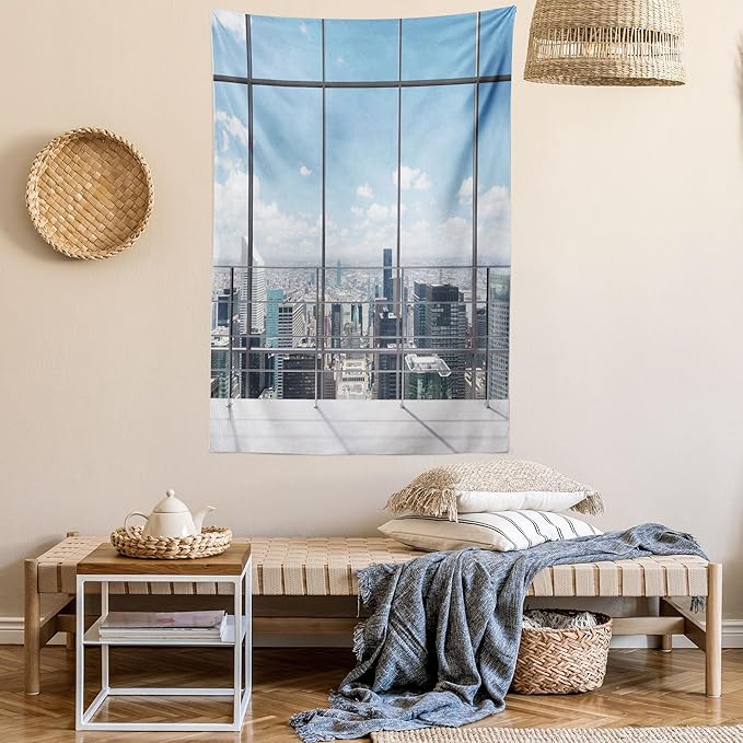 Ambesonne Urban Tapestry, Modern Office Work Place View to City Architecture Contemporary Plan, Fabric Wall Hanging Decor for Bedroom Living Room Dorm, 30" X 45", White