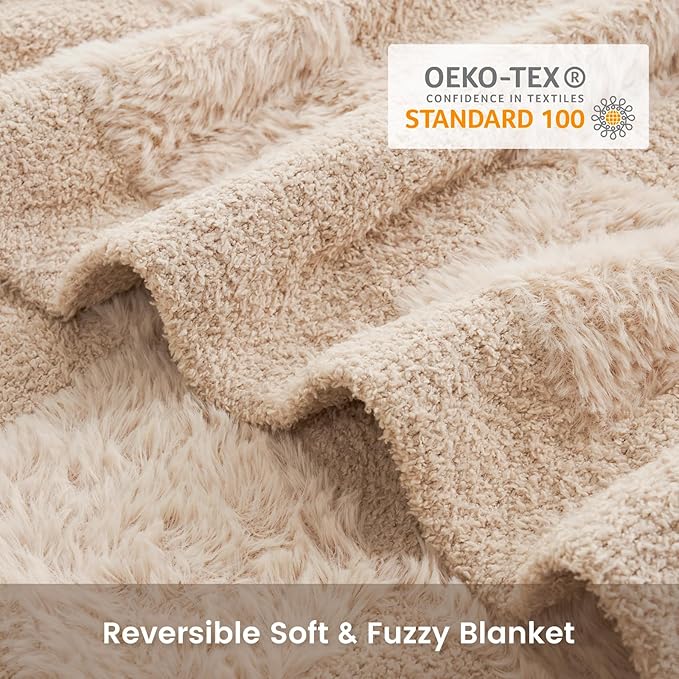 Snuggle Sac Checkered Throw Blanket Faux Fur Microfiber Blankets for Couch,Cozy Soft Warm Blanket for Sofa Bedroom Living Room,Solid Beige,60x80 inches