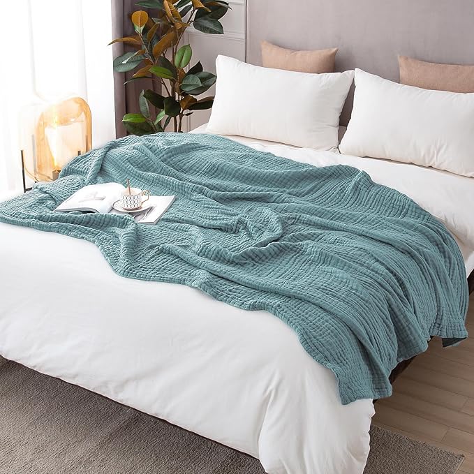 EMME Cotton Muslin Blanket King Size - Soft, Breathable Layering Blanket, 108"x90", All Season Gauze, Teal