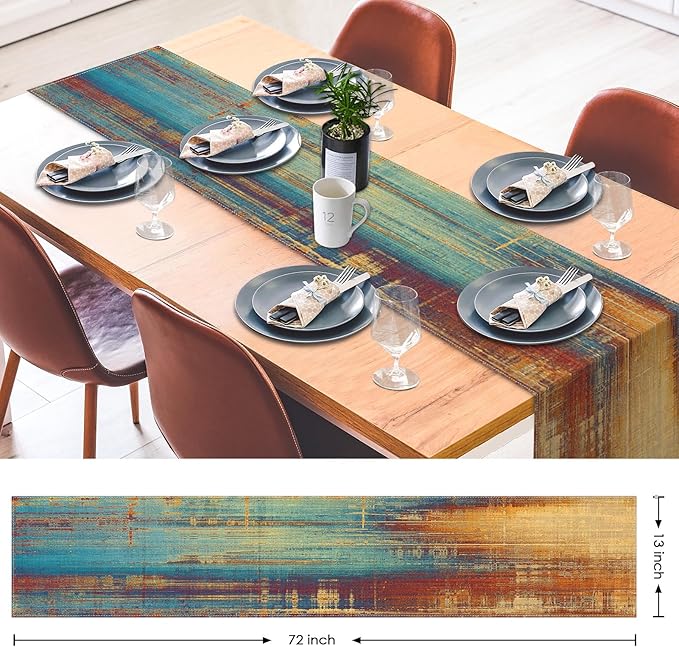 Emvency Blue and Orange Table Runner, Vintage Abstract Messy Rust Painting Dining Decor for Kitchen Coffee Table Family Dinners Holiday Parties Wedding Events Decor(13x72 inch)