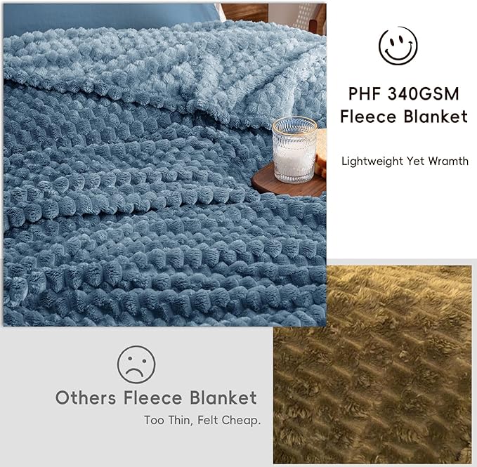 PHF Ultra Soft Flannel Fleece Blanket King Size, Lightweight 3D Jacquard Fleece Blanket, No Shedding, No Pilling, Luxury 340GSM Aesthetic Fluffy Cozy for Bed Room Decor, 108"x90", Captain's Blue