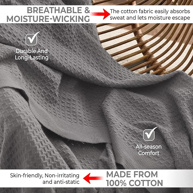 100% Cotton Blankets Throw Size for Bed - Waffle Weave Blankets for Summer, Lightweight and Breathable Soft Woven Blanket for Spring (Dark Grey, Throw (50" x 60")