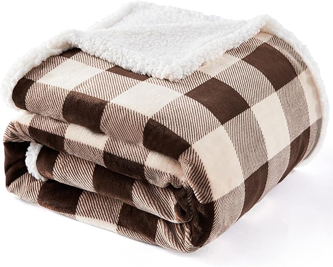 Touchat Sherpa Buffalo Plaid Christmas Twin Blanket 60" X 70", Fuzzy Fluffy Soft Cozy Throw Blanket, Fleece Flannel Plush Microfiber Blanket for Couch Bed Sofa(Brown)