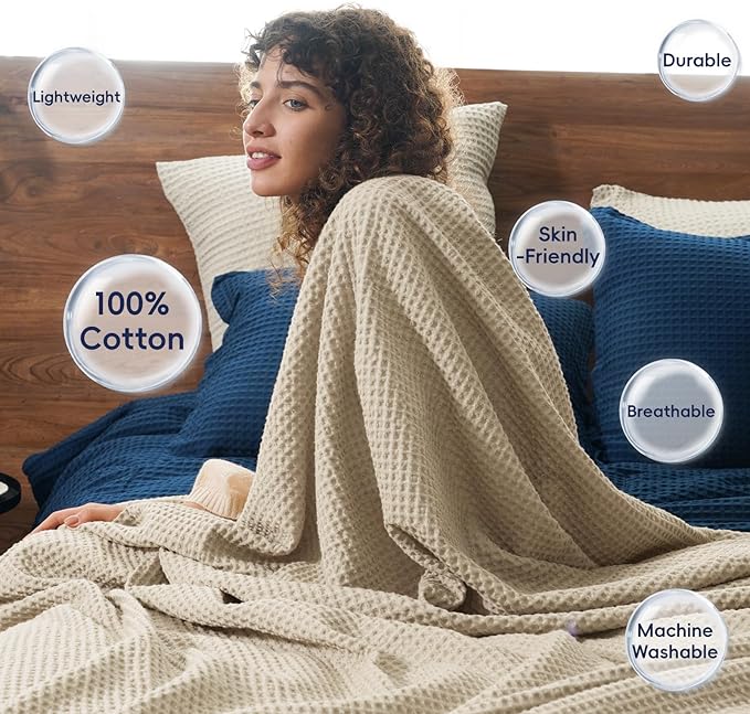 PHF Pre-Washed Cotton Waffle Weave Blanket King Size for Bed,Snag Proof Throw for Couch Spring Summer Lightweight Breathable,Oeko-TEX Certified,Machine Washable, Home Decor Gift-Khaki/Simply Taupe