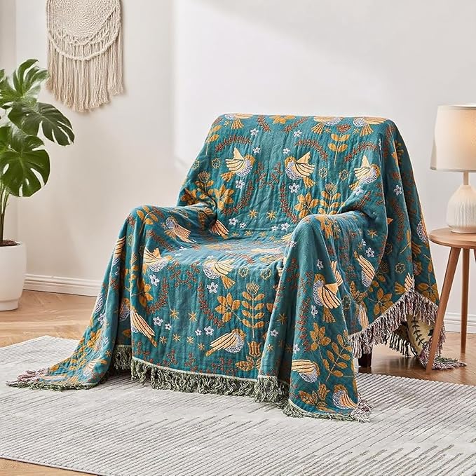 Floral and Bird Boho Throw Blanket for Bed,100% Cotton Reversible Rustic Quilt 60"x80",Soft Cozy Farmhouse Muslin Decorative Fall Throw Blankets for All Season, for Sofa, Couch Chair,Travel