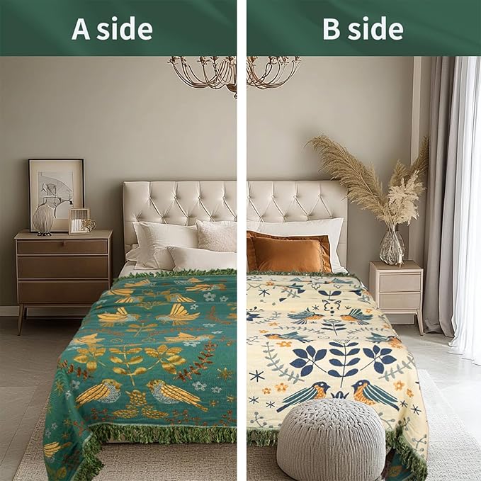MACEVIA 100% Cotton Boho Throw Blanket, Soft Lightweight Green Bird Floral Design, 90"x98" King Size Bedspread for Couch Sofa, Bed, Travel, Cottagecore Decor, with Fringe Tassels (Bird Floral)