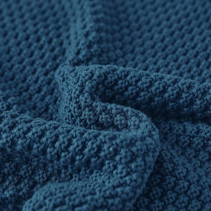 Longhui bedding Blue Knitted Throw Blanket for Couch - Soft, Cozy Machine Washable 100% Cotton Sofa Knit Blankets, Heavy 3.0lb Weight, 51 x 63 Inches, Laundry Bag Included