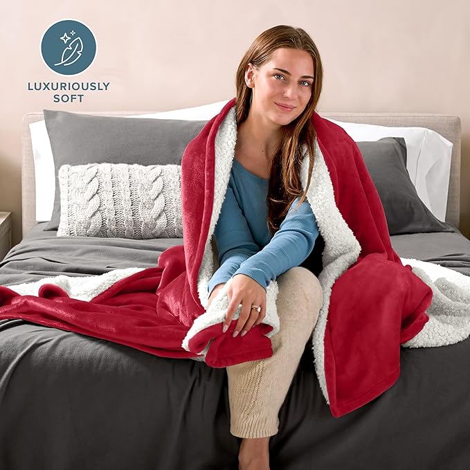 Bare Home Sherpa Fleece Blanket - King Size - Blanket for Bed, Sofa, and Couch - Warm & Lightweight - Fluffy & Soft - Reversible (King, Red)