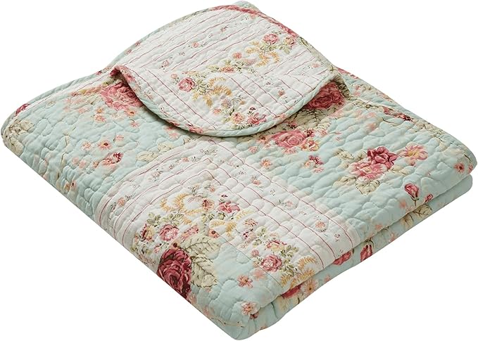 Greenland Home Antique Rose - Classic Traditional Floral - 100% Cotton Quilted Throw Blanket, 50 x 60 inches, Blue
