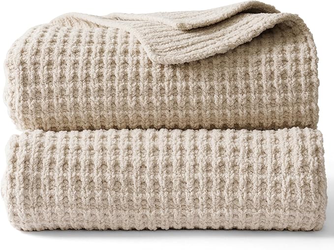 PHF Chenille Waffle Knit Throw Blanket- Plush Warm & Cozy 50" x 60" Ultra Soft Blanket- Chunky Fluffy Waffle Throws for Couch Bed Sofa - Natural