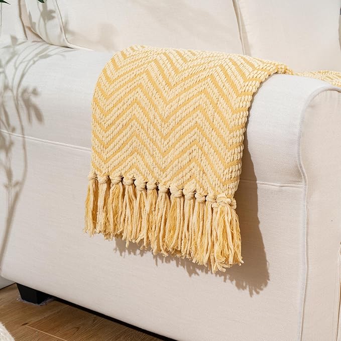 BATTILO HOME Gold Throw Blanket for Couch, Fall Decor Blankets & Throws, Fall Throw Blanket for Autumn Halloween Decoration, Yellow Blanket with Tassels for Bed Sofa, 50"x60"