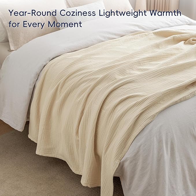 PHF 100% Cotton Muslin Throw Blanket 50" x 60", 4-Layer Lightweight and Breathable Blanket for Summer, Luxuriously Soft Gauze Throws for Couch, Natural Minimalism Style, Ideal Gift, Beige/Short Bread