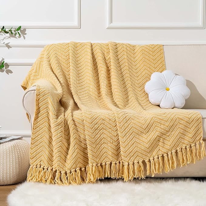 BATTILO HOME Gold Throw Blanket for Couch, Knit Yellow Throw Versatile for Chair, Super Soft Warm Mustard Throw Blanket with Tassels for Twin Bed, Sofa and Living Room, 60"x80"
