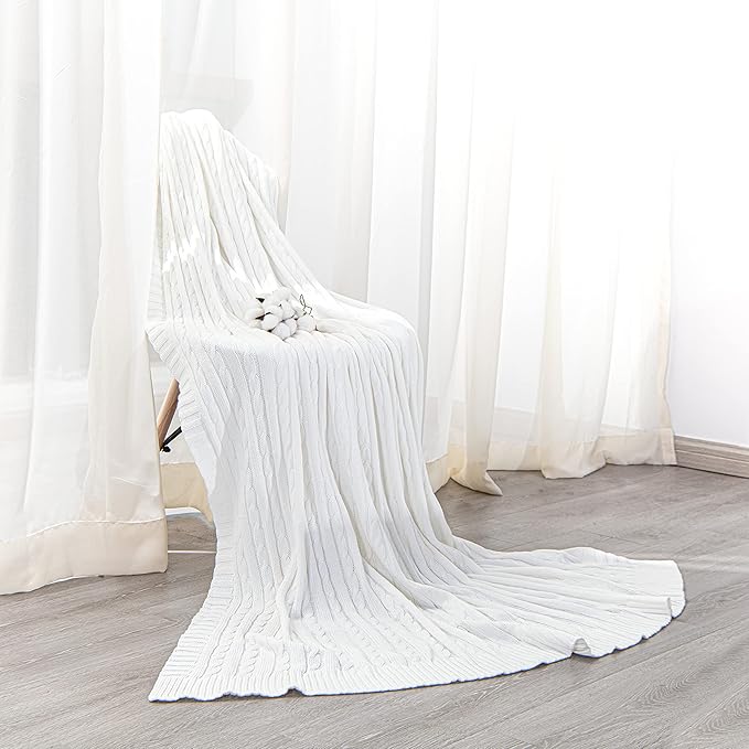 NTBAY 100% Pure Cotton Cable Knit Throw Blanket, Super Soft Warm 51x67 Knitted Throw Blanket for Couch, Sofa, Chair, Bed - Extra Cozy, Machine Washable, Comfortable Home Decor, White