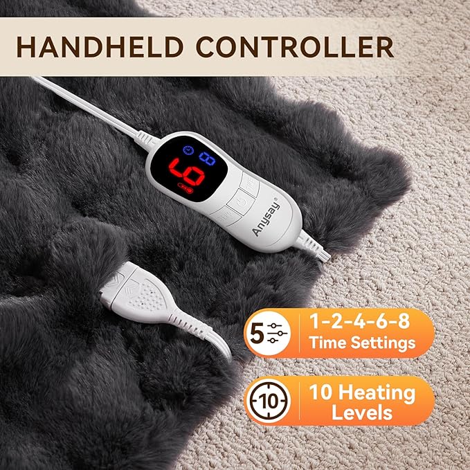 Heated Blanket Throw with 1/2/4/6/8 Hours Auto-Off 10 Heat Level, 50'' * 60'' Cozy Faux Rabbit Fur Bubble Electric Blanket with Overheat Protection(Dark Grey)
