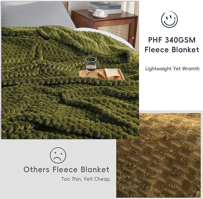 PHF Ultra Soft Flannel Fleece Blanket Queen Size, Lightweight 3D Jacquard Fleece Blanket, No Shedding, No Pilling, Luxury 340GSM Aesthetic Fluffy Cozy for Bed Room Decor, 90"x90", Olive Green