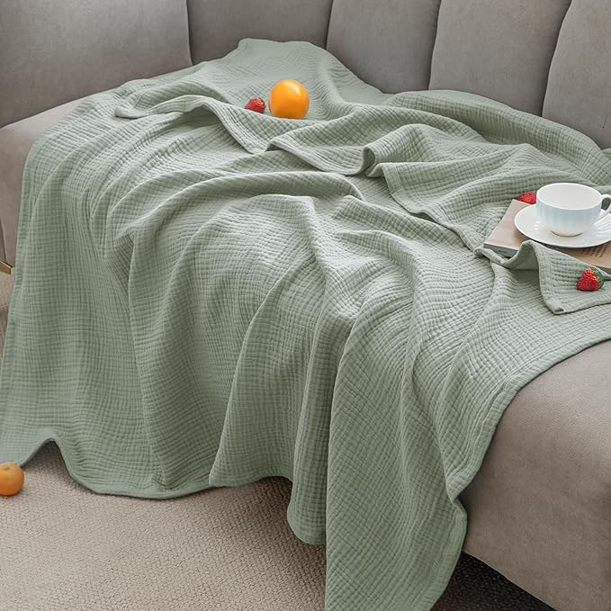 PHF 100% Cotton Muslin Blanket Queen Size 90" x 90", 4-Layer Lightweight and Breathable Blanket for Summer, Luxuriously Soft Gauze Bedding for Bed, Natural Minimalism Style, Ideal Gift, Sage Green