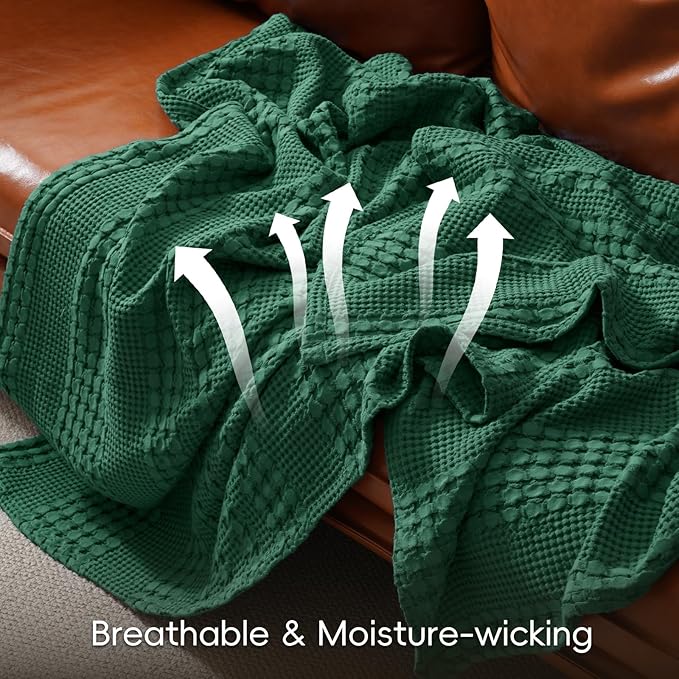 PHF 100% Cotton Waffle Weave Throw Blanket, Soft Lightweight Breathable Cozy Summer Throws for Couch Bed Sofa, Luxury Aesthetic Woven Blanket for Home Decor & Office, 50"x60", Dark Green