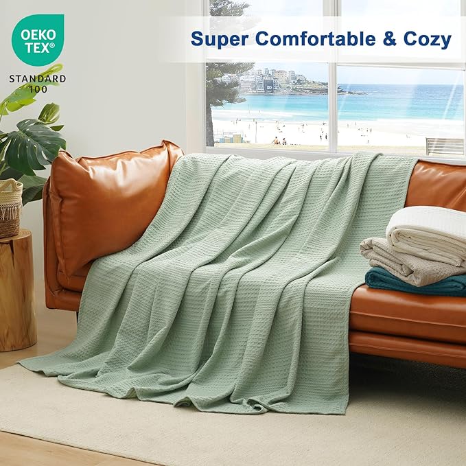 PHF Lightweight Waffle Weave Blanket Queen Size, Breathable & Ultra Soft, 90"x 90" Soft & Cozy Thin Blanket, Perfect for Summer & Hot Sleepers, Bed, Home Decor - Sage Green