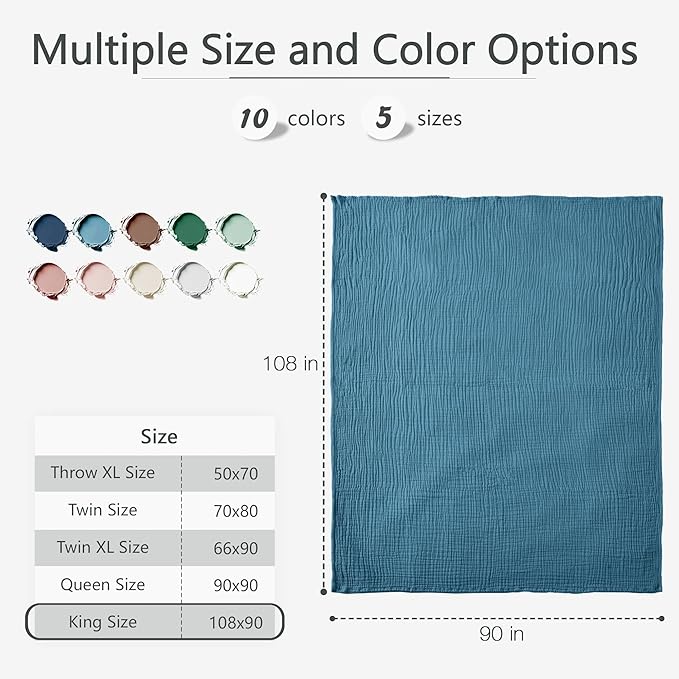 Carriediosa 100% Cotton Muslin Throw Blanket 108" X 90" King Size,4-Layers Summer Gauze Throws for Bed Couch,Soft Lightweight Breathable Linen Blankets Bedspread for Adults All Season,Dusty Blue