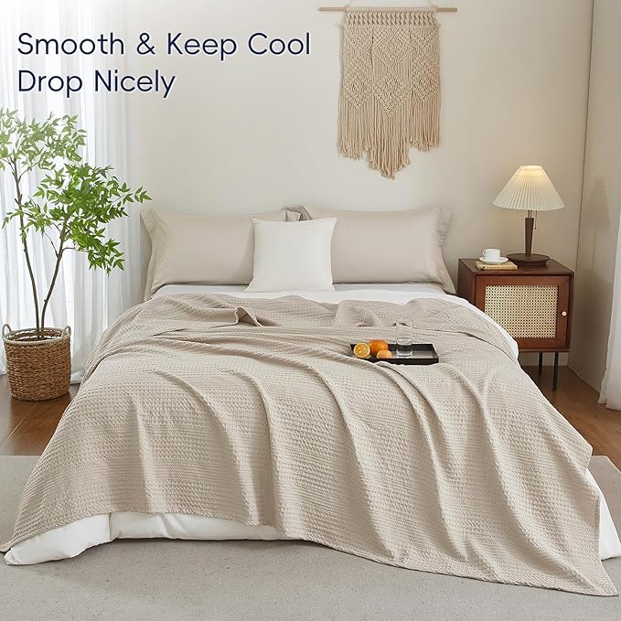 PHF Lightweight Waffle Weave Blanket Queen Size, Breathable & Ultra Soft, 90"x 90" Soft & Cozy Thin Blanket, Perfect for Summer & Hot Sleepers, Bed, Home Decor - Natural