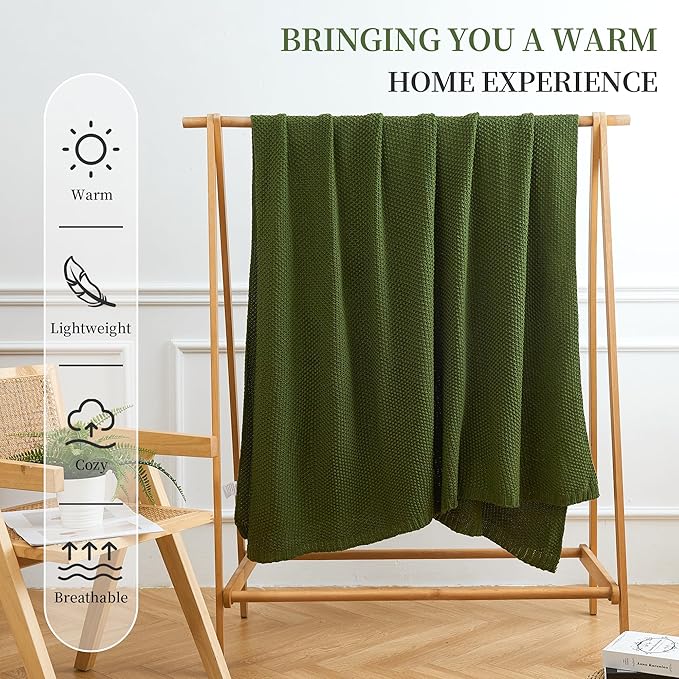 Aganear Knit Throw Blanket for Couch, Knit Throw Blanket for All Seasons, Soft Comfy Lightweight Cable Knitted Throw Blanket for Living Room Bed Office Travel Boho Decor (60"x80", Olive Green)