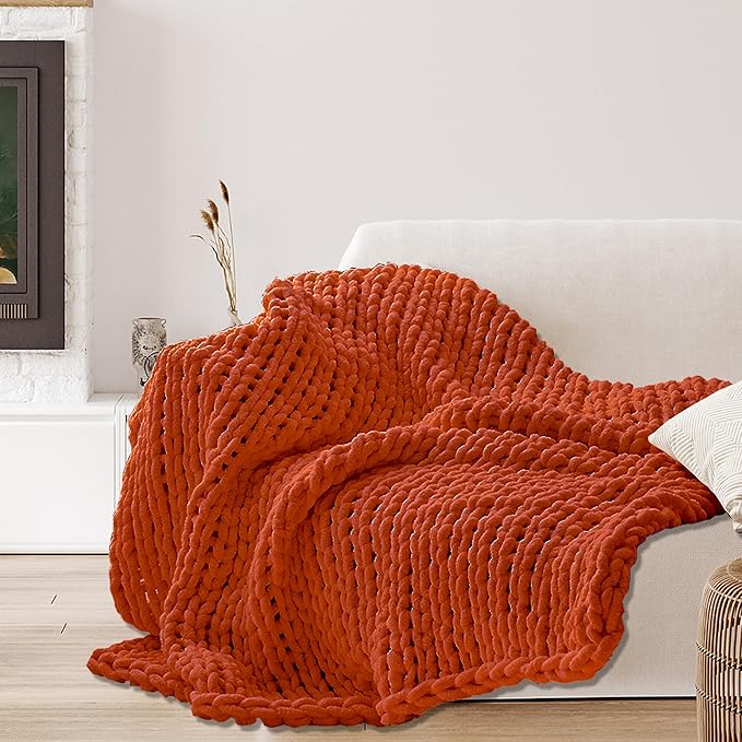Orange Throw Blanket, 60" x 80" Chunky Knit Blanket, Handmade Warm & Soft Chenille Throw Blanket, Washable Decorative Knit Blanket with Jumbo Chenille Yarn for Couch Bed Sofa