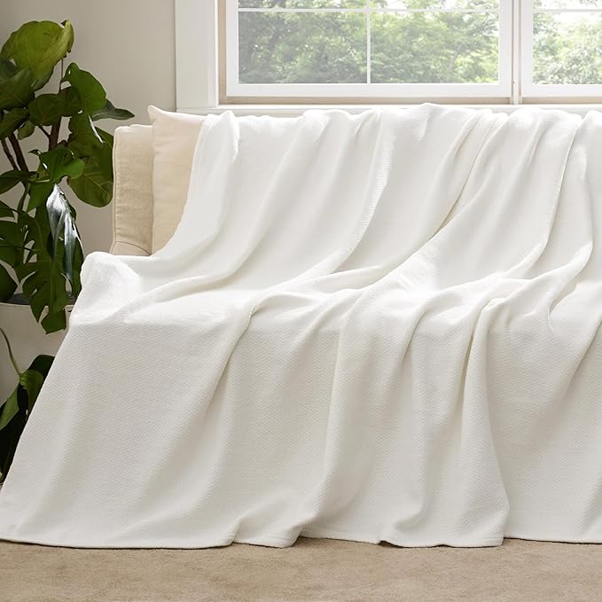 Bedsure 100% Cotton Blanket Twin XL Size for Bed - Breathable and Lightweight, Soft Cozy Textured Herringbone Woven Blanket for Summer Spring, White, 66x90 inches