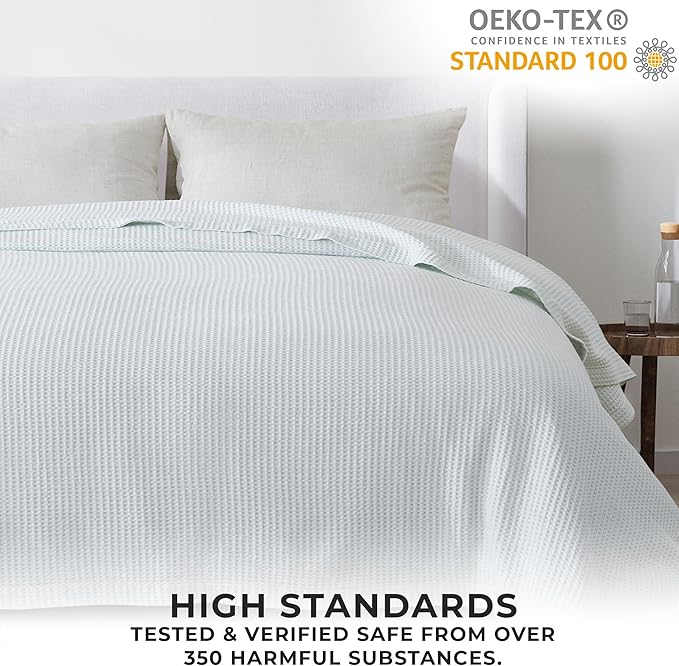 100% Cotton King Size Bed Blanket - Light Blue Waffle Weave Summer Blanket - 102x90in Prewashed, Breathable, Woven, Layering