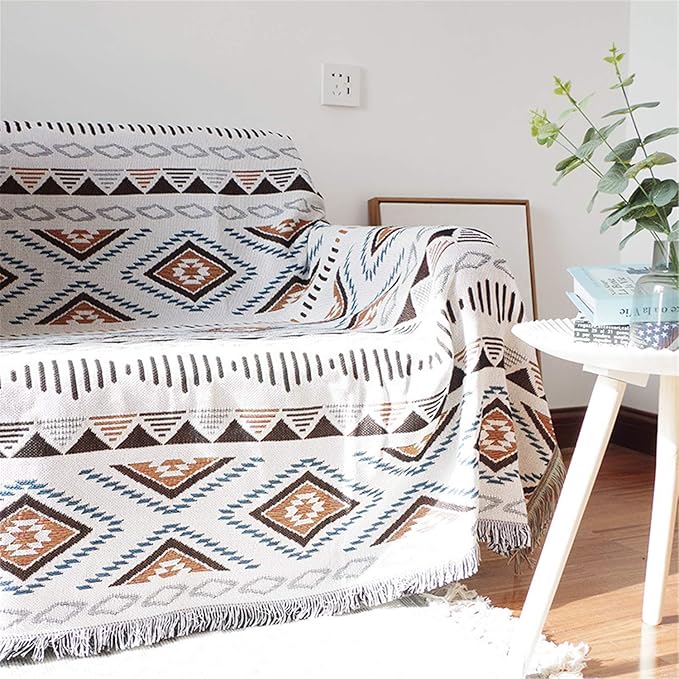 Luxlovery Bohemian Sofa Throw Blankets Ethnic Woven Boho Hippie Tribal Throw Blanket for Couch Aztec Bed Throws Oversized Navy Beige and Blue Fringe Farmhouse Chair Sofa Cover with Tassels(63"x86")