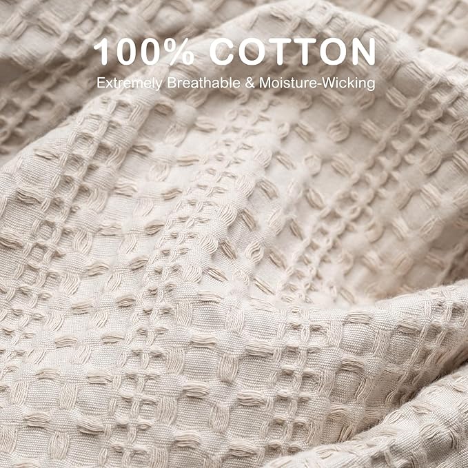 100% Cotton Waffle Blanket with Fringe, Pre-Washed Waffle Weave Blanket for All Season, Lightweight Breathable Soft Cozy Throw Blanket for Couch, Bed, Travel (Beige - 50x60 Inches)